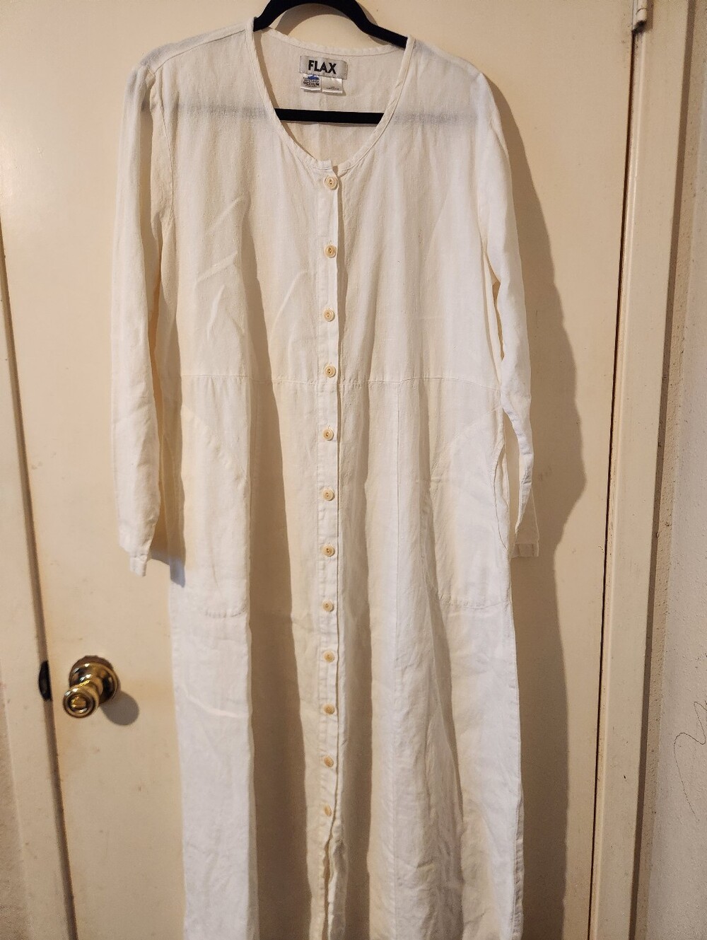 FLAX Long Sleeve Button-Front Mid-Weight Linen Maxi Dress in White (M) B:46"